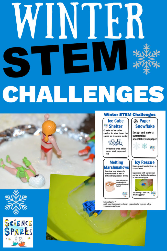 collage of winter stem challenges including ice excavations and fake snow.
