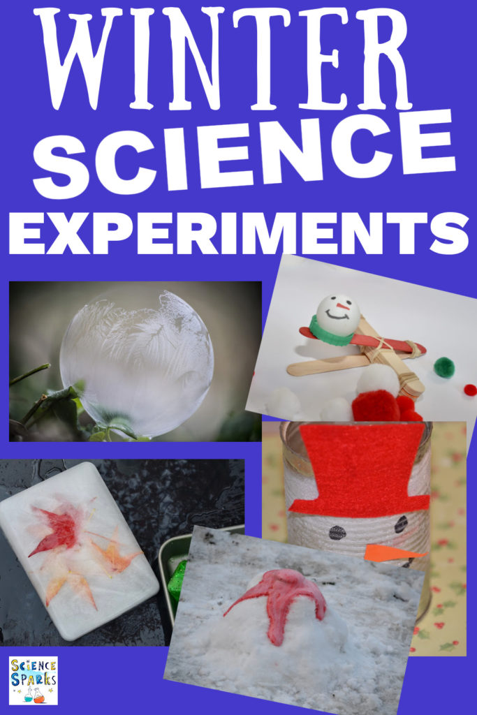 Image shows a collection of winter science activities for kids. Includes frozen bubbles, snow volcano, frost on a can a snowman catapult and an ice excavation