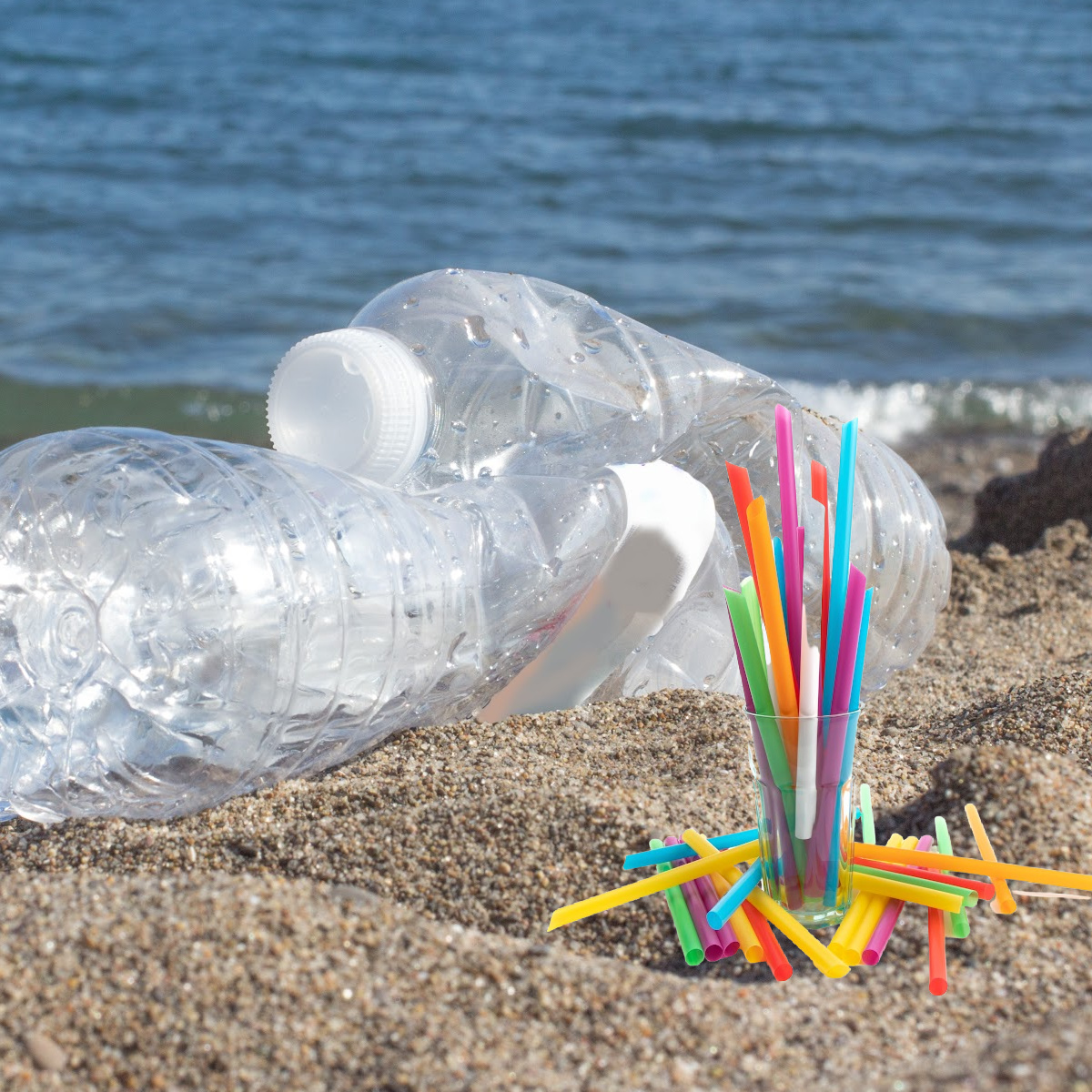Image of single use plastic bottles and straws on a beach
