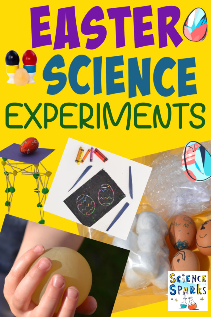 collage of eggy experiments, naked egg, egg drop experiment, scratch art eggs and toothpick egg towers