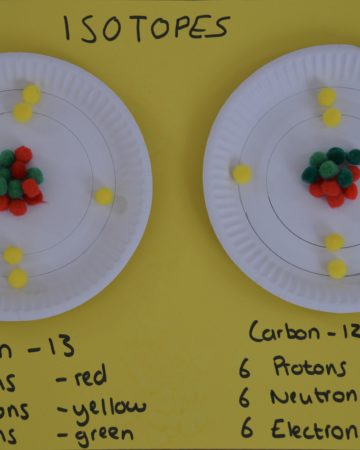 Paper plate atom models showing two isotopes of carbon