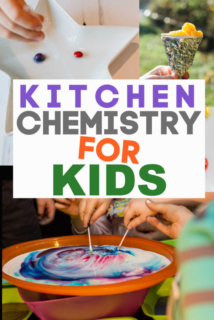 homemade slushy drink, candy chromatography, and magic milk images for a kitchen chemistry round up post.