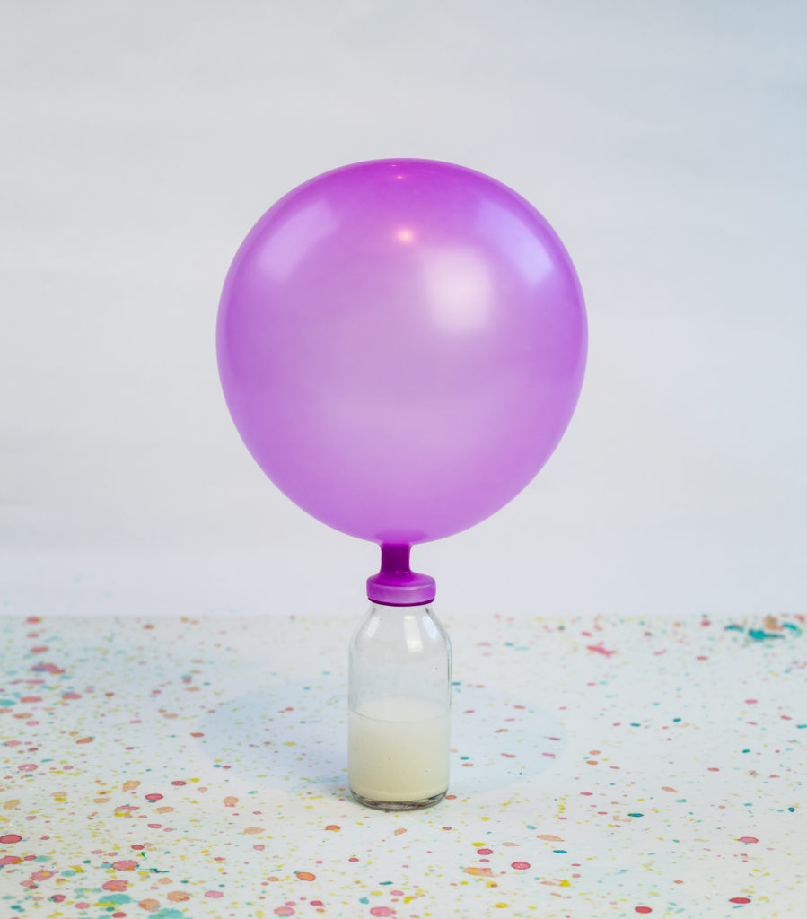 image of a small jar with a balloon on top that has been blown up by the carbon dioxide released by yeast from respiration