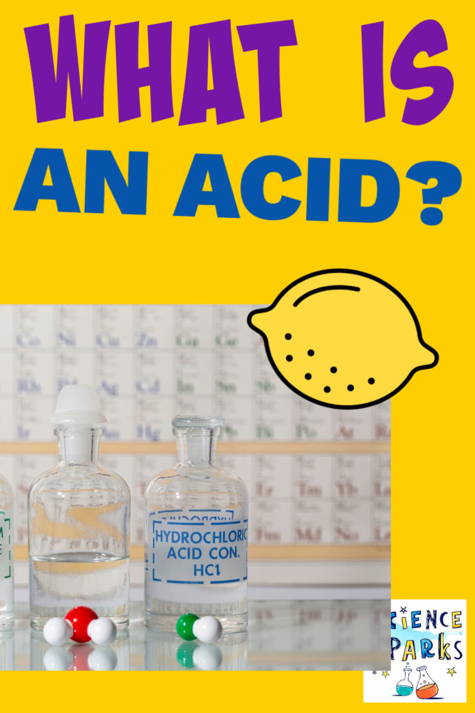 Image of a bottle of strong acid in a lab and a cartoon lemon