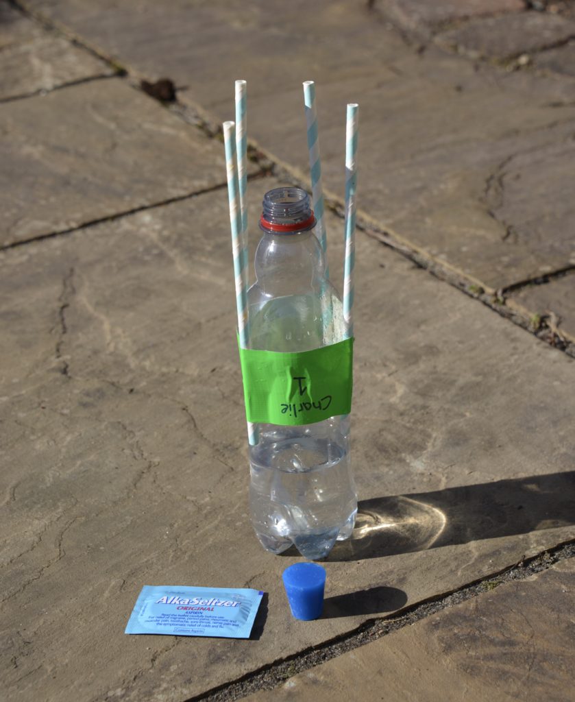 Mini bottle rocket made with a 500ml bottle and an unopened packet of alka seltzer