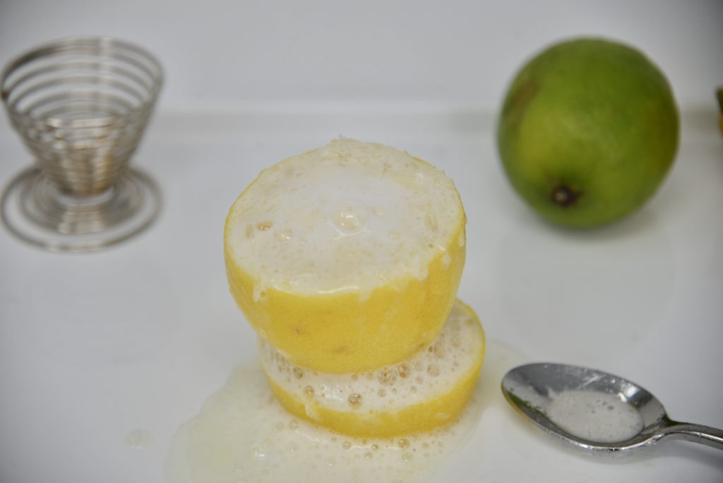 a lemon filled with baking soda to make it fizz as a science experiment