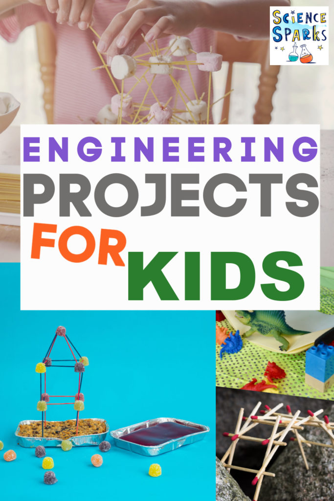 Collage of engineering projects for kids including marshmallow towers, self supporting bridge and a paper bridge