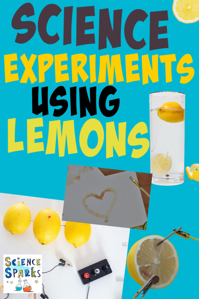 Collage of science experiments using lemons. A jar with a lemon floating and the inside of a lemon sinking, a lemon battery and a heart drawn with a lemon as invisible ink
