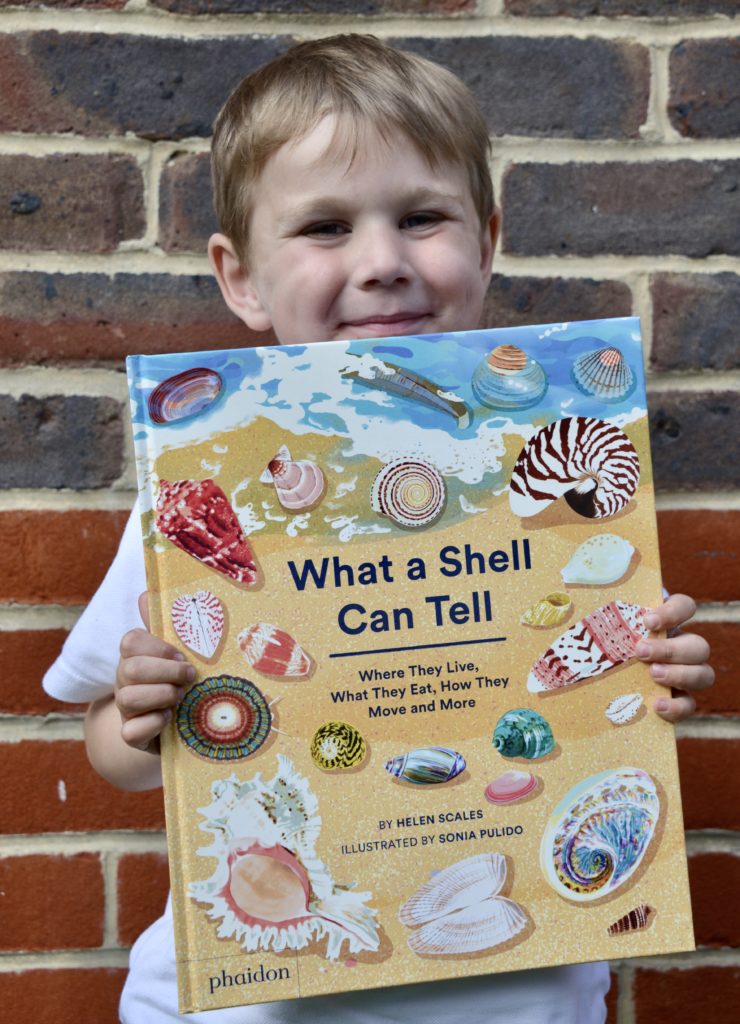 Boy holding a large book about shells What a Shell Can Tell