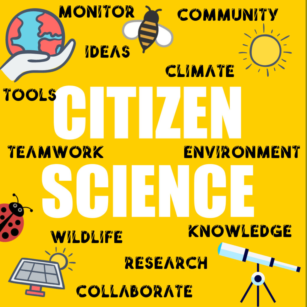 Citizen Science text with words relating to it in the image. Environment, community, climate, wildlife, research, collaborate