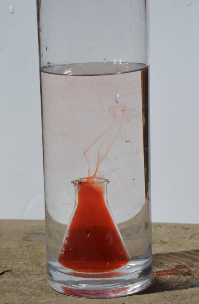 Second in a series of convection current demonstrations showing warm red water rising up through cold water