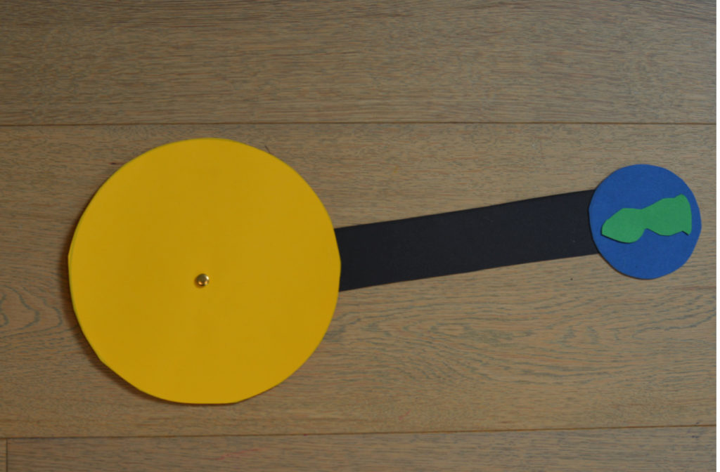 Image of a cardboard model of the sun using a split pin with a cardboard connector and a small Earth to show how the Earth orbits the Sun.