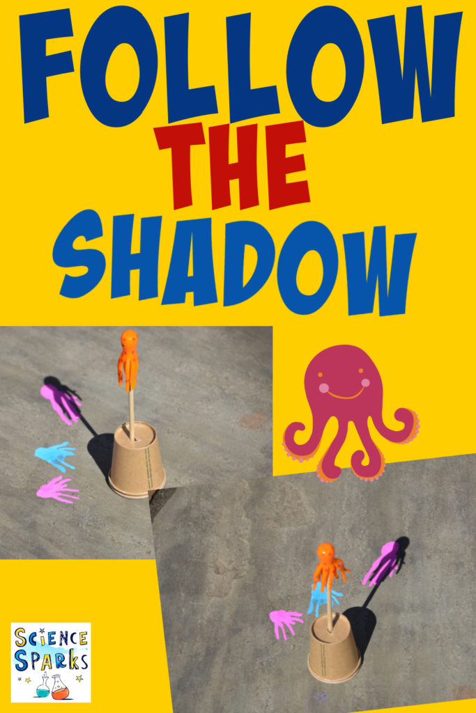 a stick in a paper cup with a toy octopus on the top. The shadow at various times has been drawn on the floor for a science activity