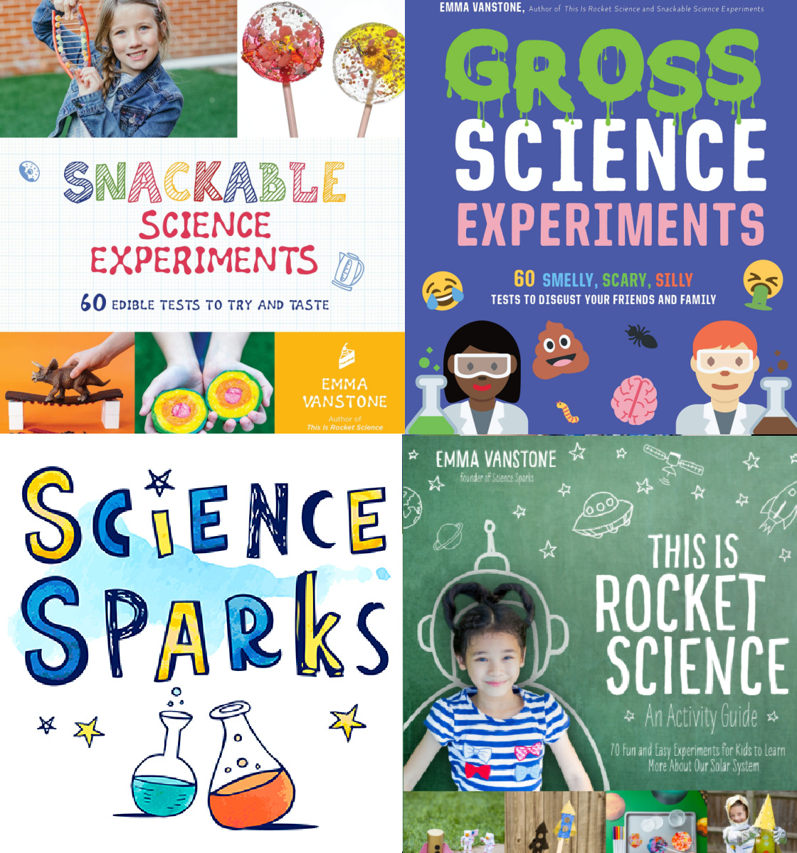 collage of science books full of great science experiments for kids