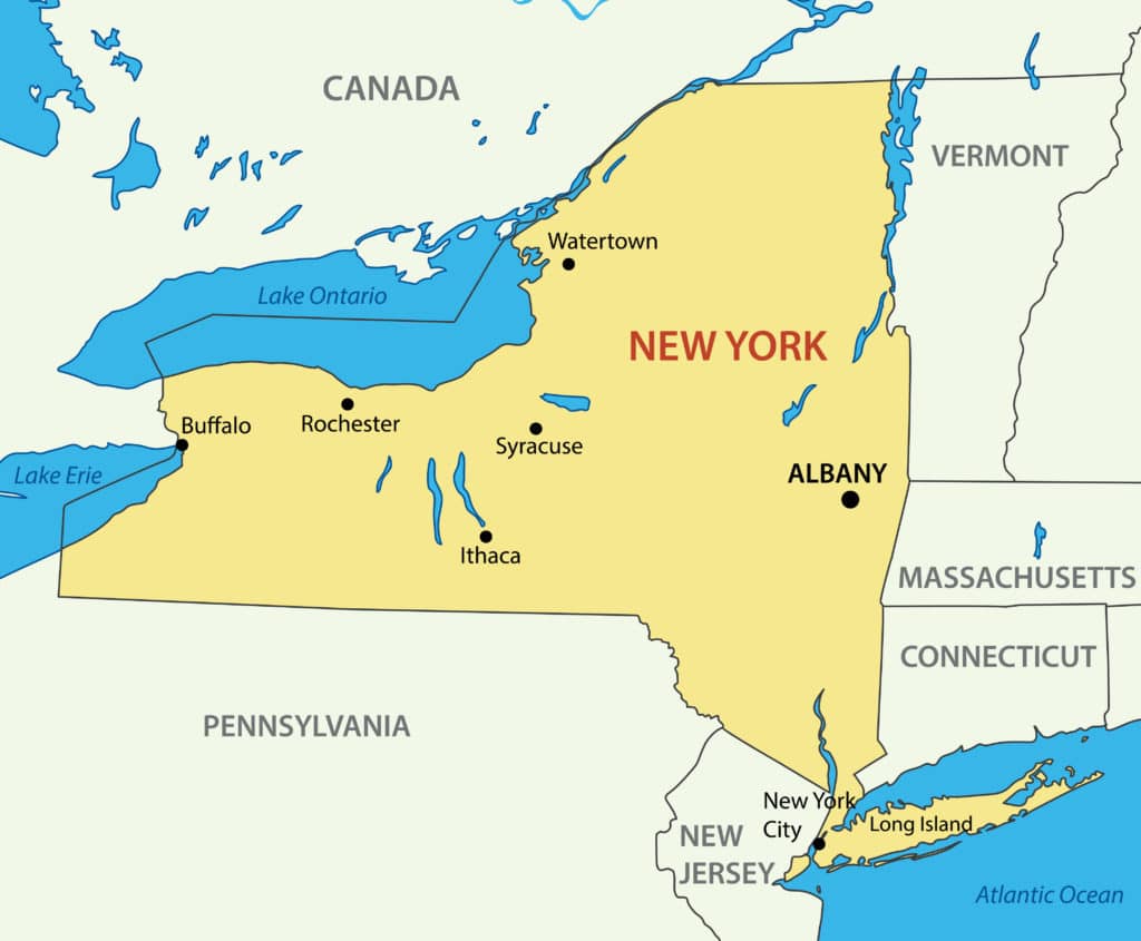 Map showing New York state and the states bordering it.