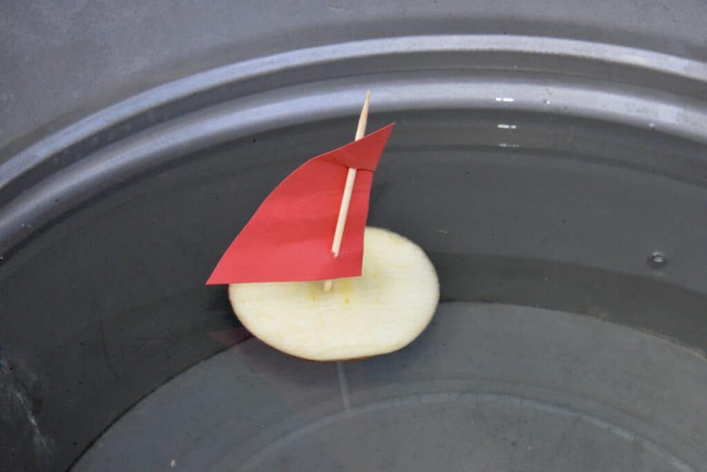 apple slide boat with a sail made from a toothpick and red paper.
