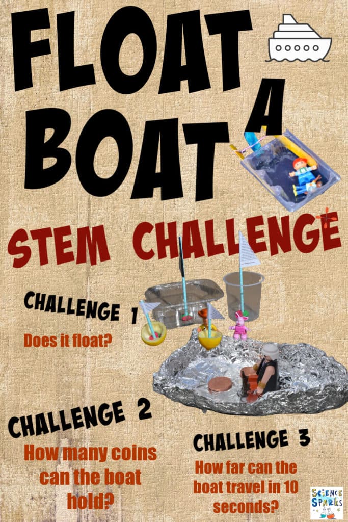 recycled boats, foil boats and  an elastic band powered boat for a simple STEM challenge for kids