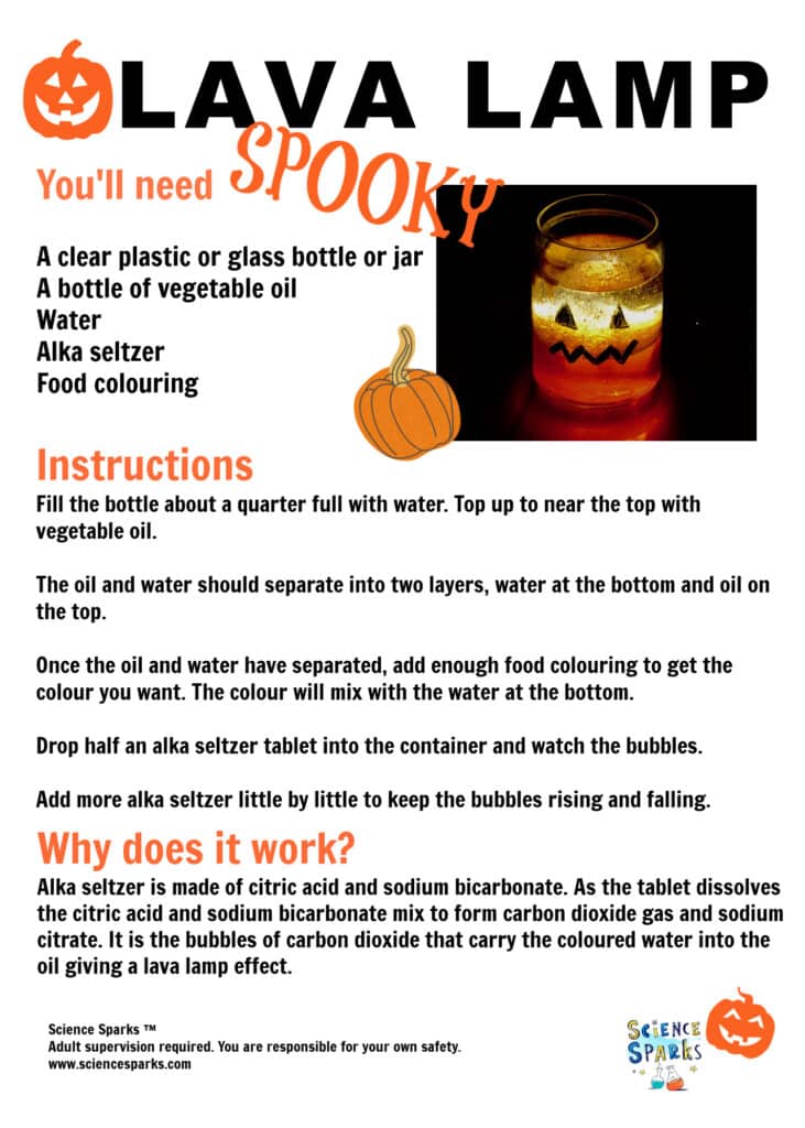 Instructions for making a spooky lava lamp for Halloween. A great Halloween science experiment for kids.