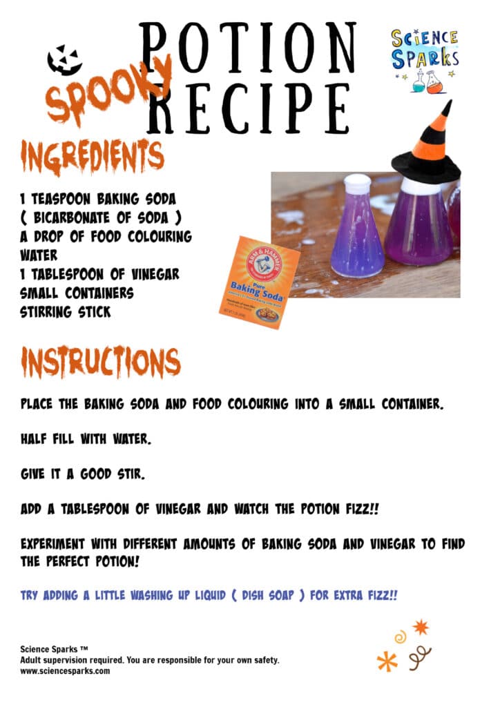 spooky potion recipe for Halloween using baking soda and vinegar