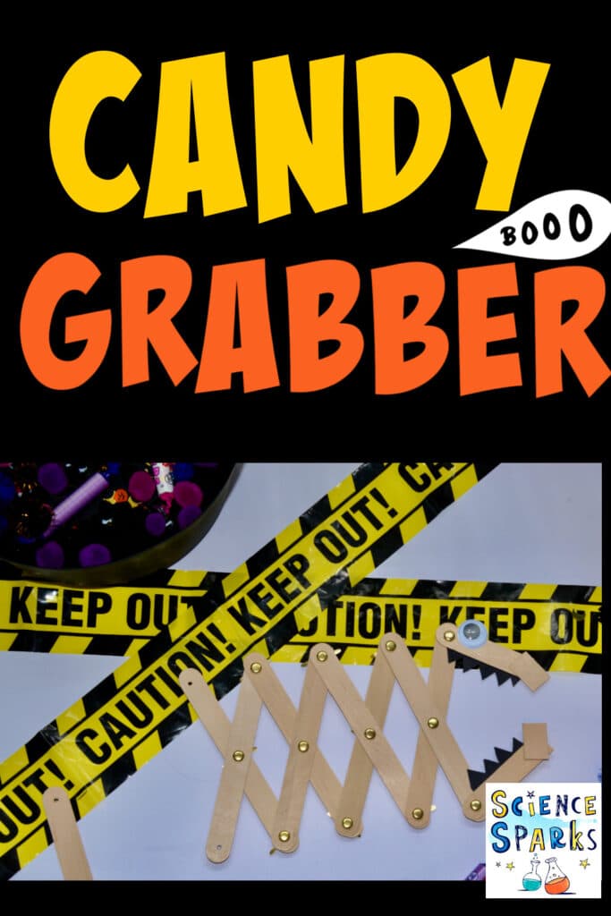 Candy grabber made with craft sticks for a fun Halloween STEM challenge