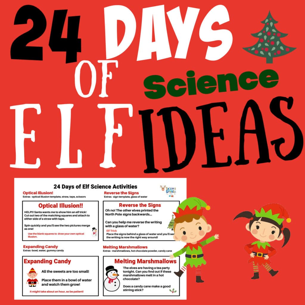 24 days of easy elf ideas. Image shows one of a set of 4 science ideas for the elf.