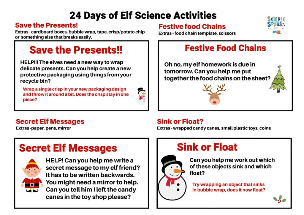 elf activity ideas on a printable sheet