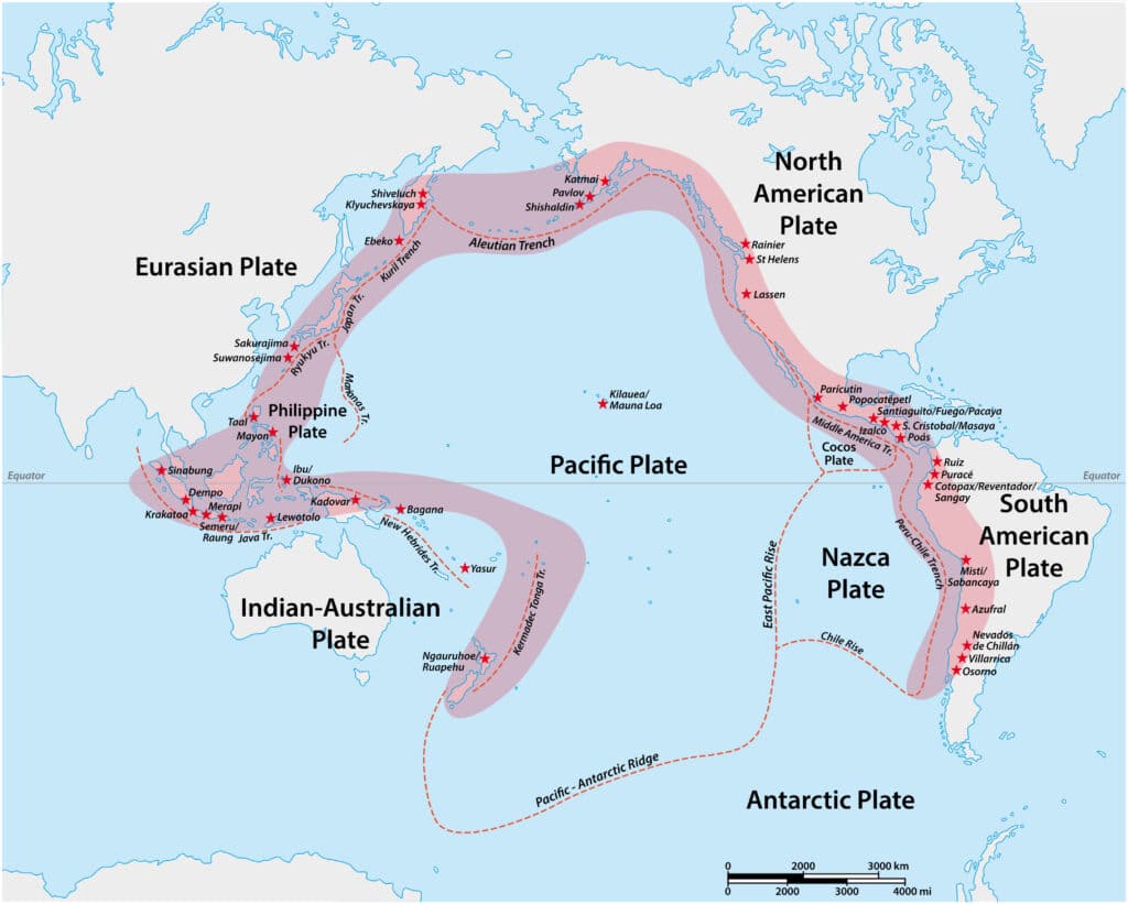 Map of the Ring of Fire. An area of tectonic Plate boundaries around the Pacific Ocean