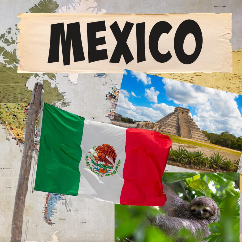 image of the Mexican flag, Chichén Itzá and a sloth