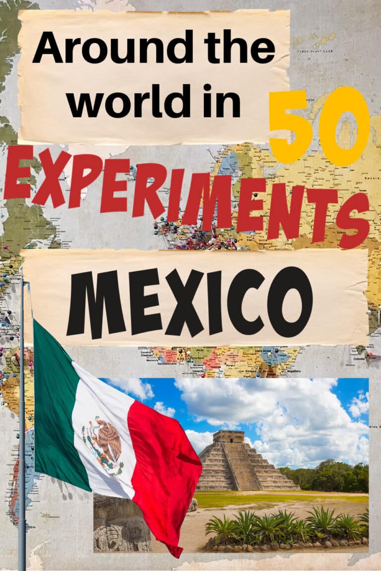 Image of Chichen Itza and the Mexican flag for a science activity about Mexico