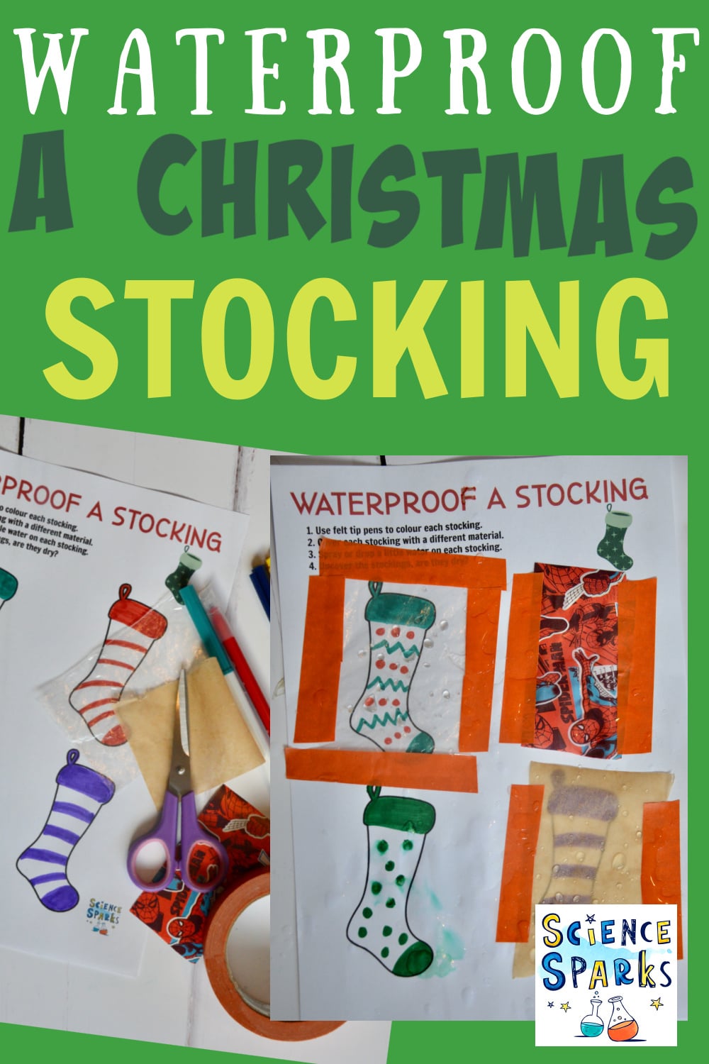 4 images of a Christmas stockings on an A4 sheet of paper for a waterproofing experiment. Each image is covered with a different type of material which then has water sprinkled on it.