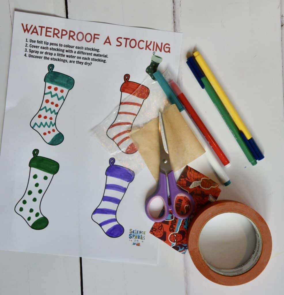 Materials for a simple waterproof investigation. Template with 4 stocking shapes, tape, plastic bag, parchment paper and scissors