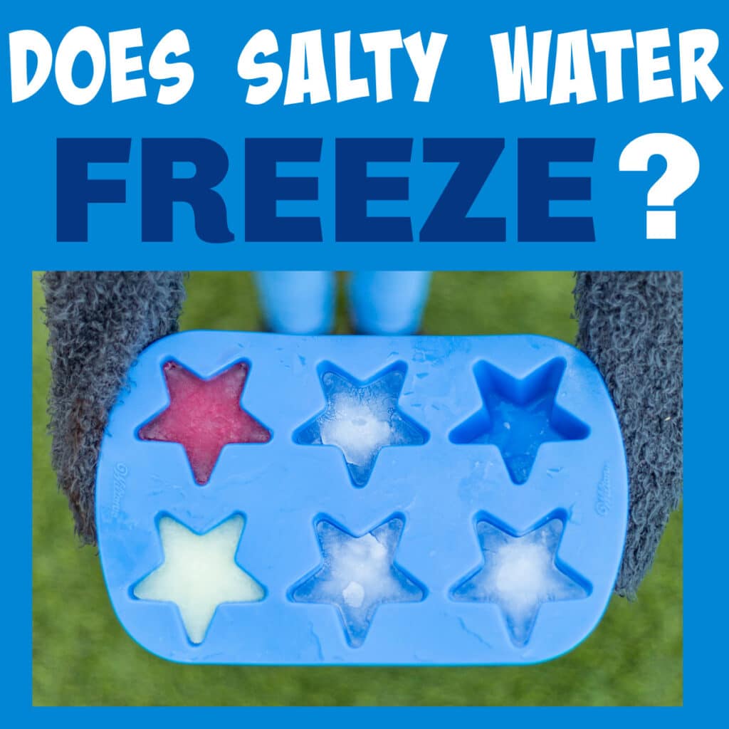 Text saying 'does salty water freeze?' and an image of ice in ice cube trays shaped like stars