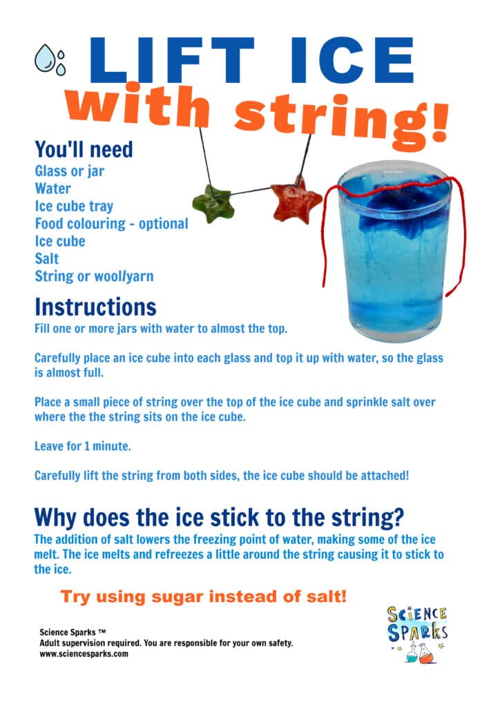 Lift ice with string science activity instructions