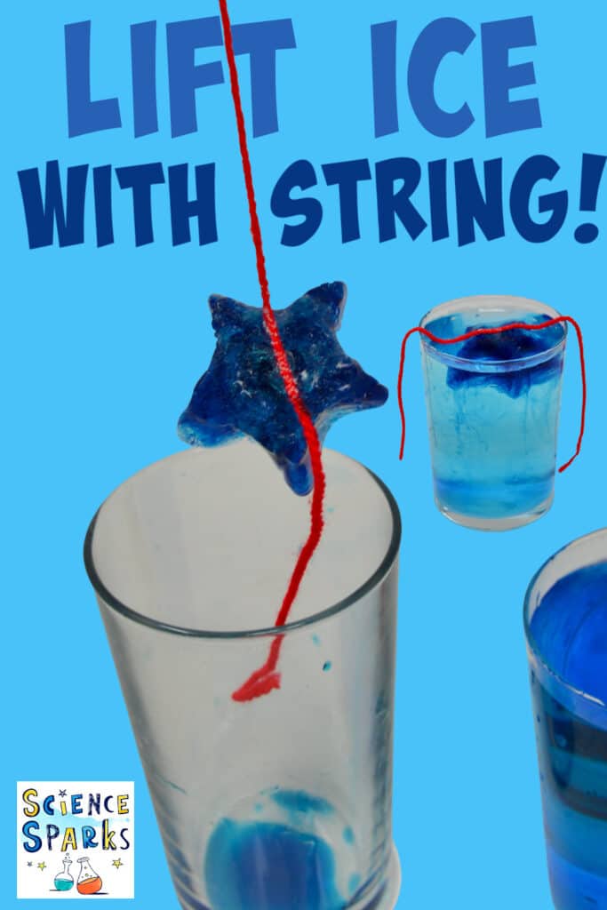 Lift ice with string - images show a ice cube hanging from a piece of string as part of a science investigation about ice and salt