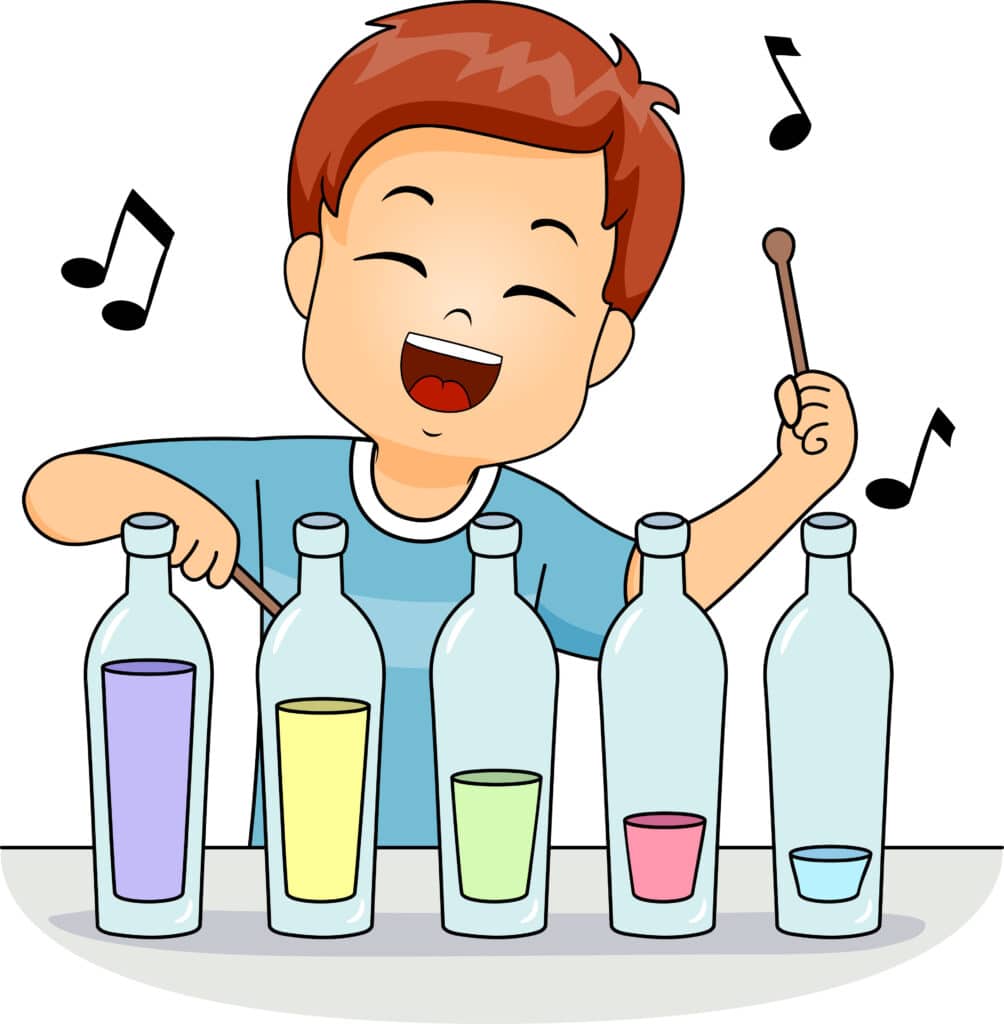 cartoon illustration of a boy playing a water bottle xylophone