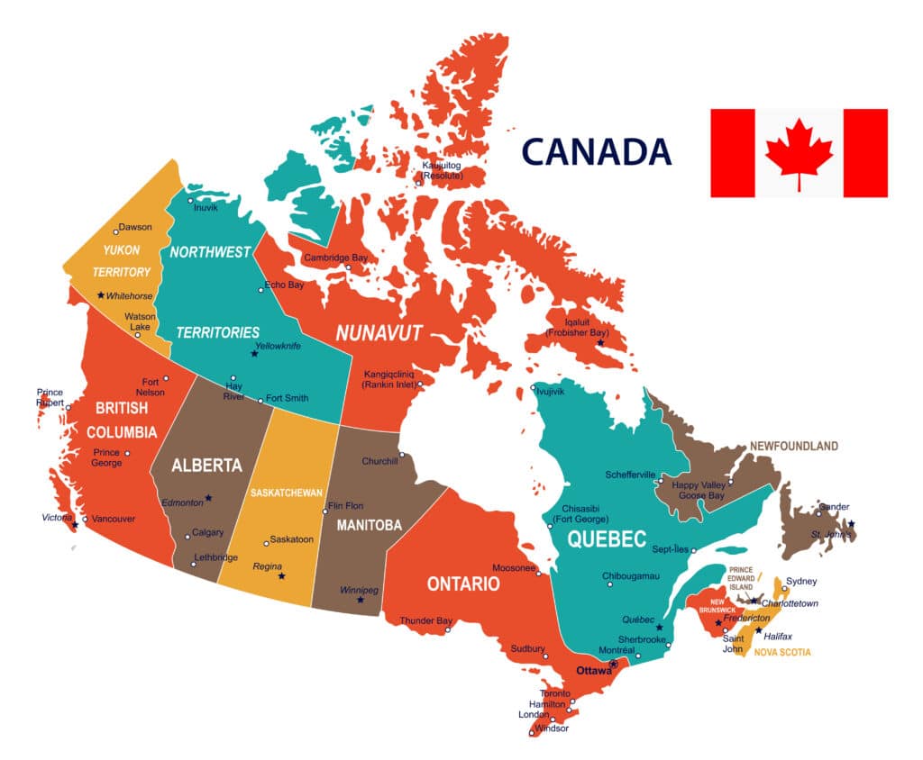 Map of Canada showing provinces and the Canadian flag