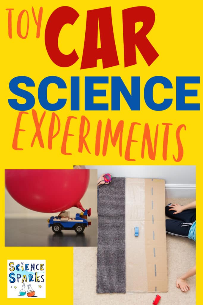 toy car with a balloon attached and a homemade ramp with 3 different lanes for racing. One covered in carpet, one bubble wrap and one plain.