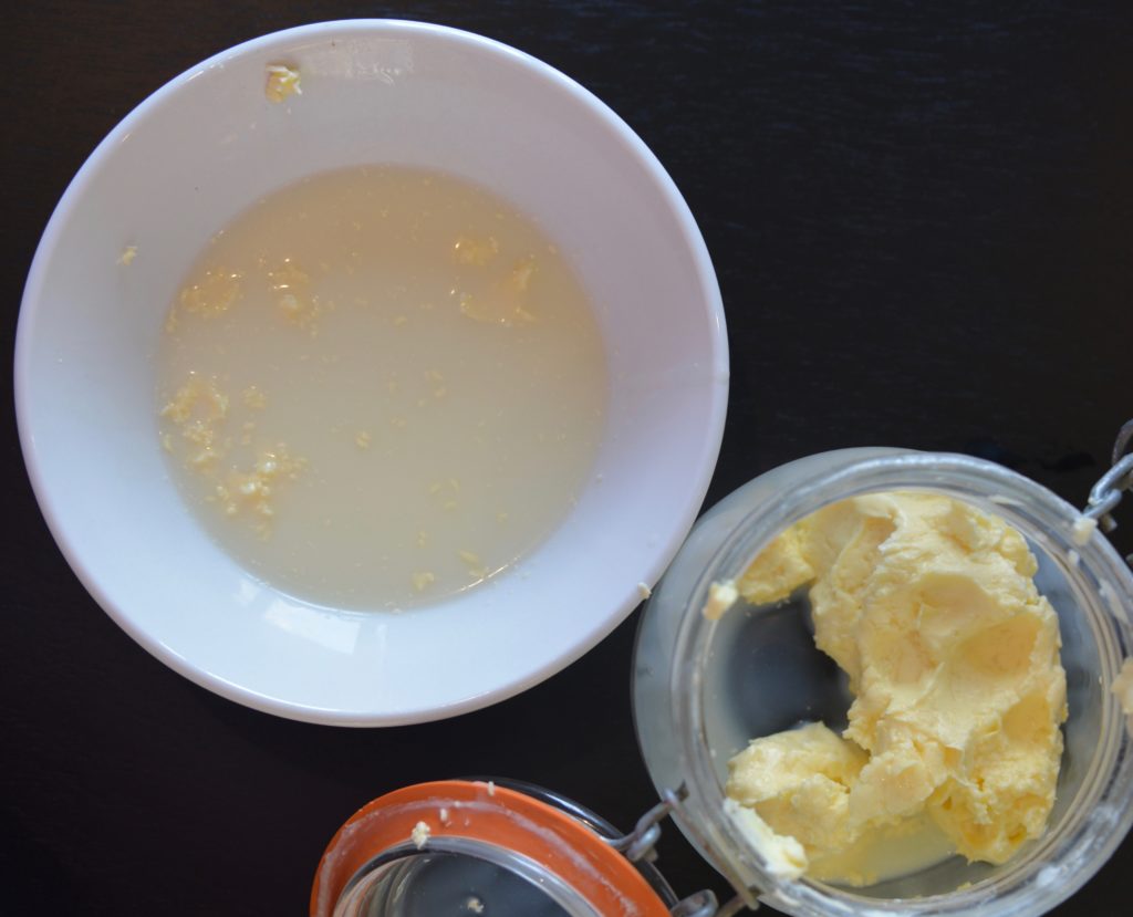 cream separated into butter and buttermilk for making butter from cream