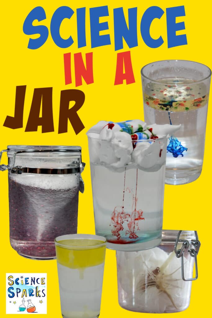 collage of science experiments you can do in a jar. includes a tornado in a jar, firework in a glass, salt volcano, and bean in a jar