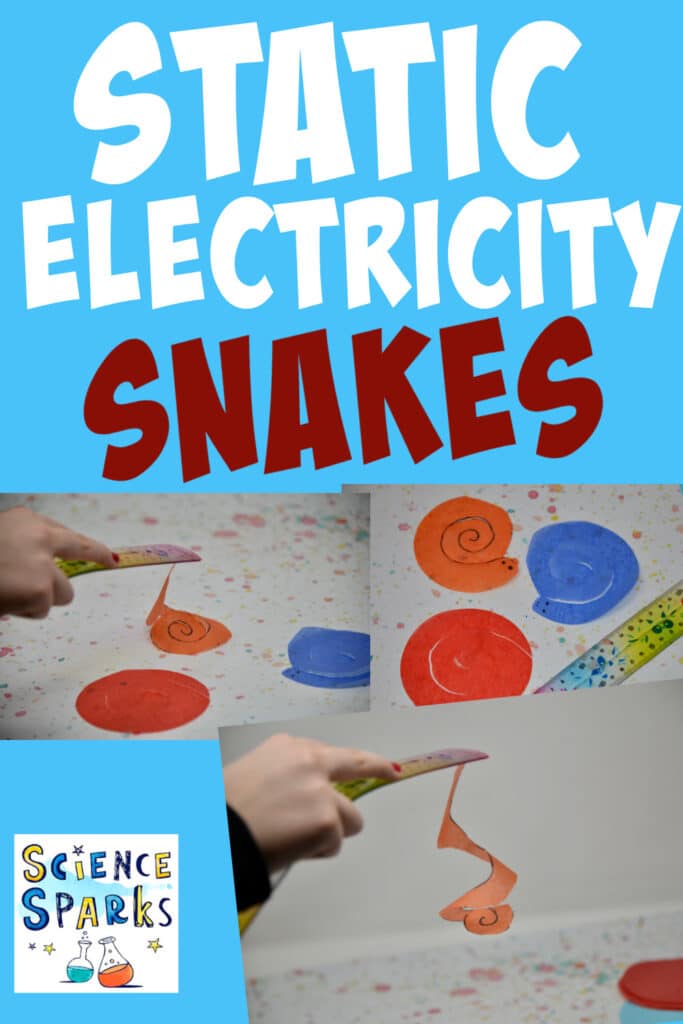 Tissue paper snakes and a ruler for a static electricity science experiment. The snakes are jumping up to the ruler that has been charged with static electricity.