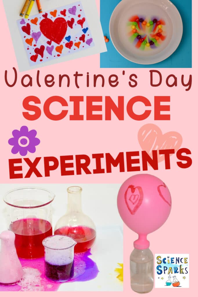 Collage of Valentine's Day themed science experiments. Pink fizzy potions, a heart balloon, skittles heart and oil pastel pictures.