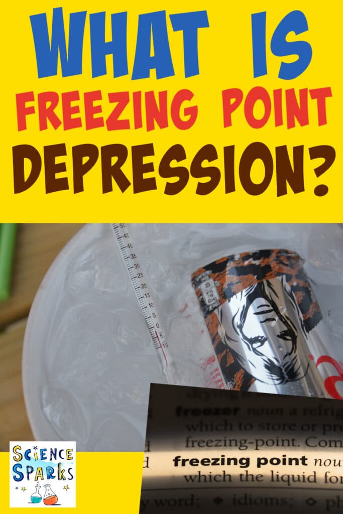 Image of a dictionary definition of freezing point depression and a can of drink in a bowl of ice and water for a science experiment
