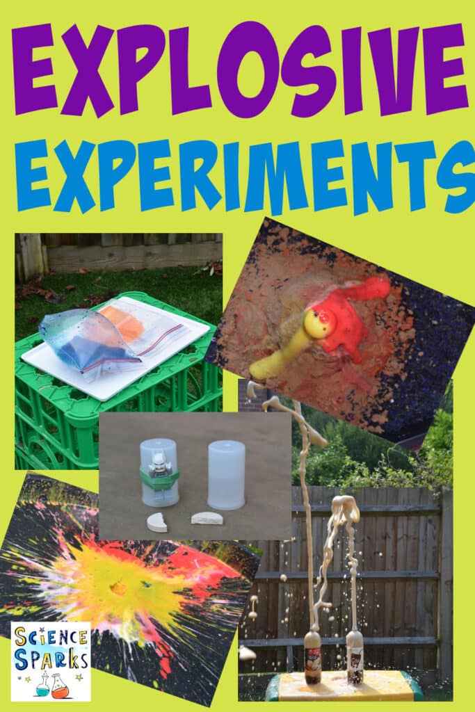 Awesome explosive science experiments for kids. Splatter patterns, volcanoes, film canisters and exploding sandwich bags