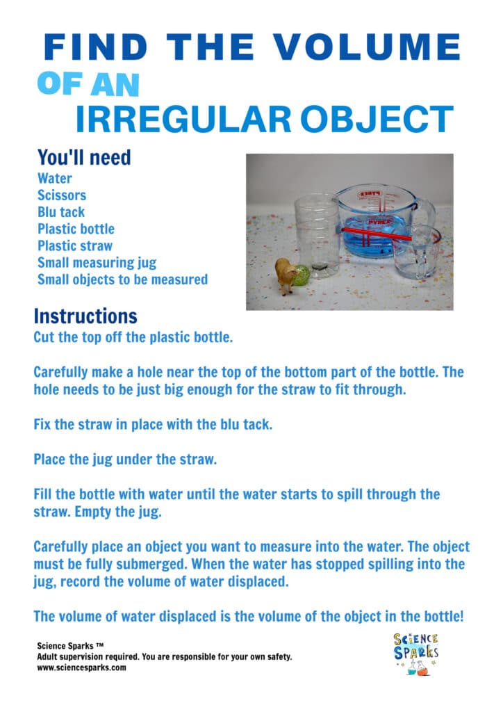 printable instruction sheet for how to find the volume of an irregular object