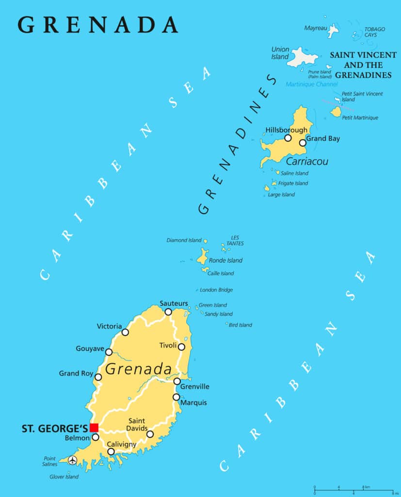 Map of Grenada showing the 3 islands and St Vincent and the Grenadines