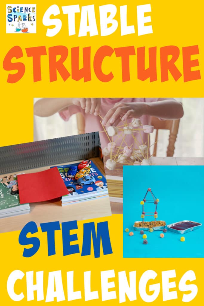 image shows toothpick and gummy sweet towers, bridges made from paper and toothpicks and marshmallow towers for stable structure STEM challenges.