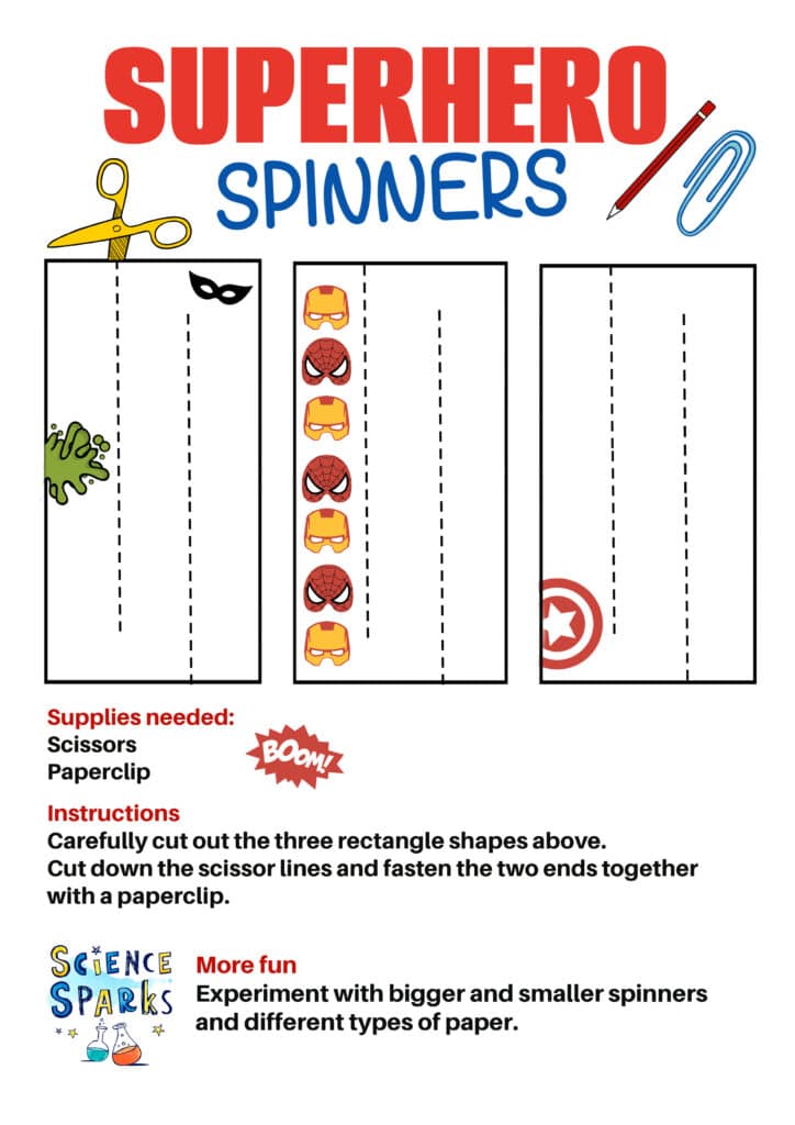 template for making superhero themed spinners for a science activity for kids.