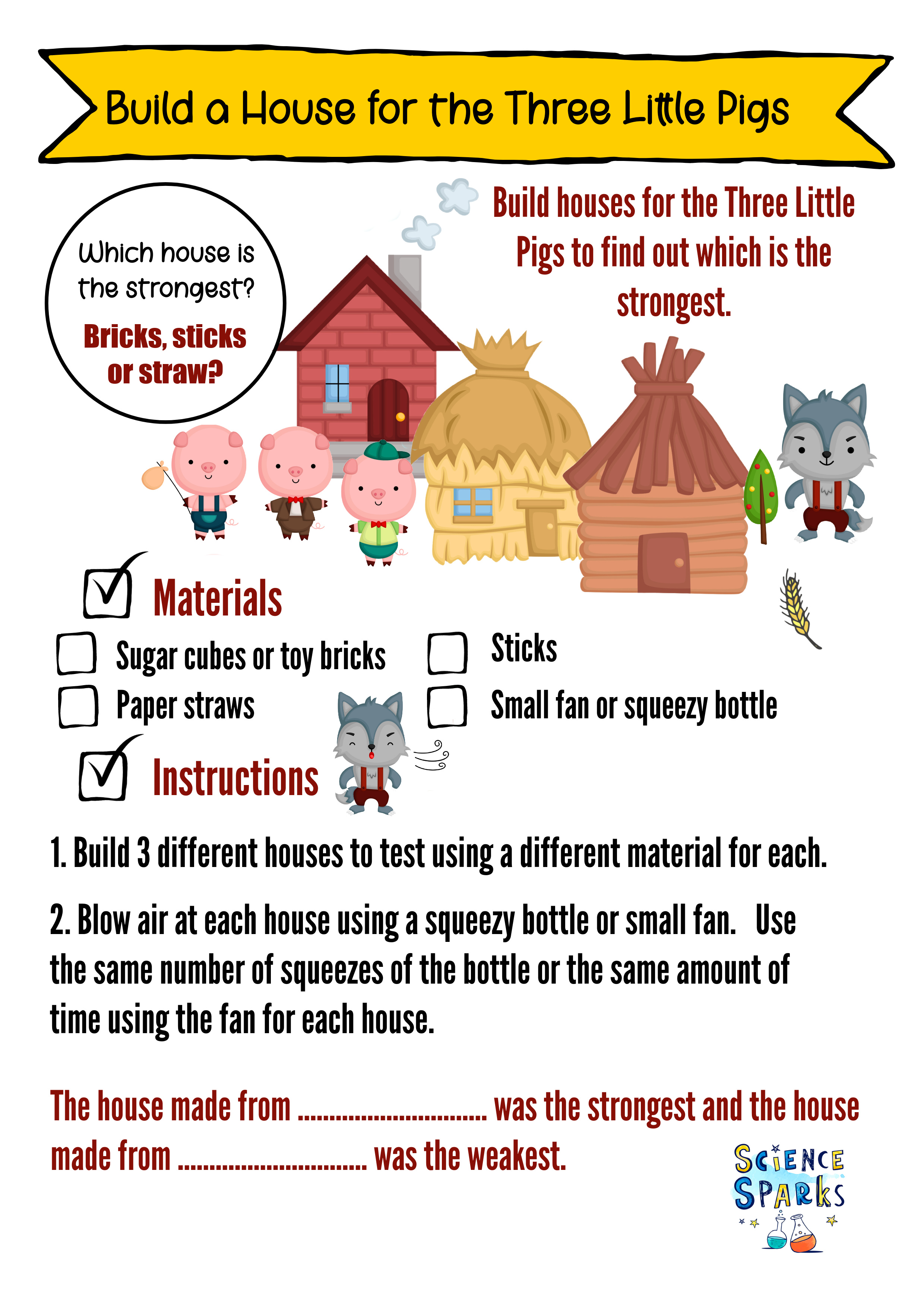 Instruction sheet for a Three Little Pigs STEM challenge