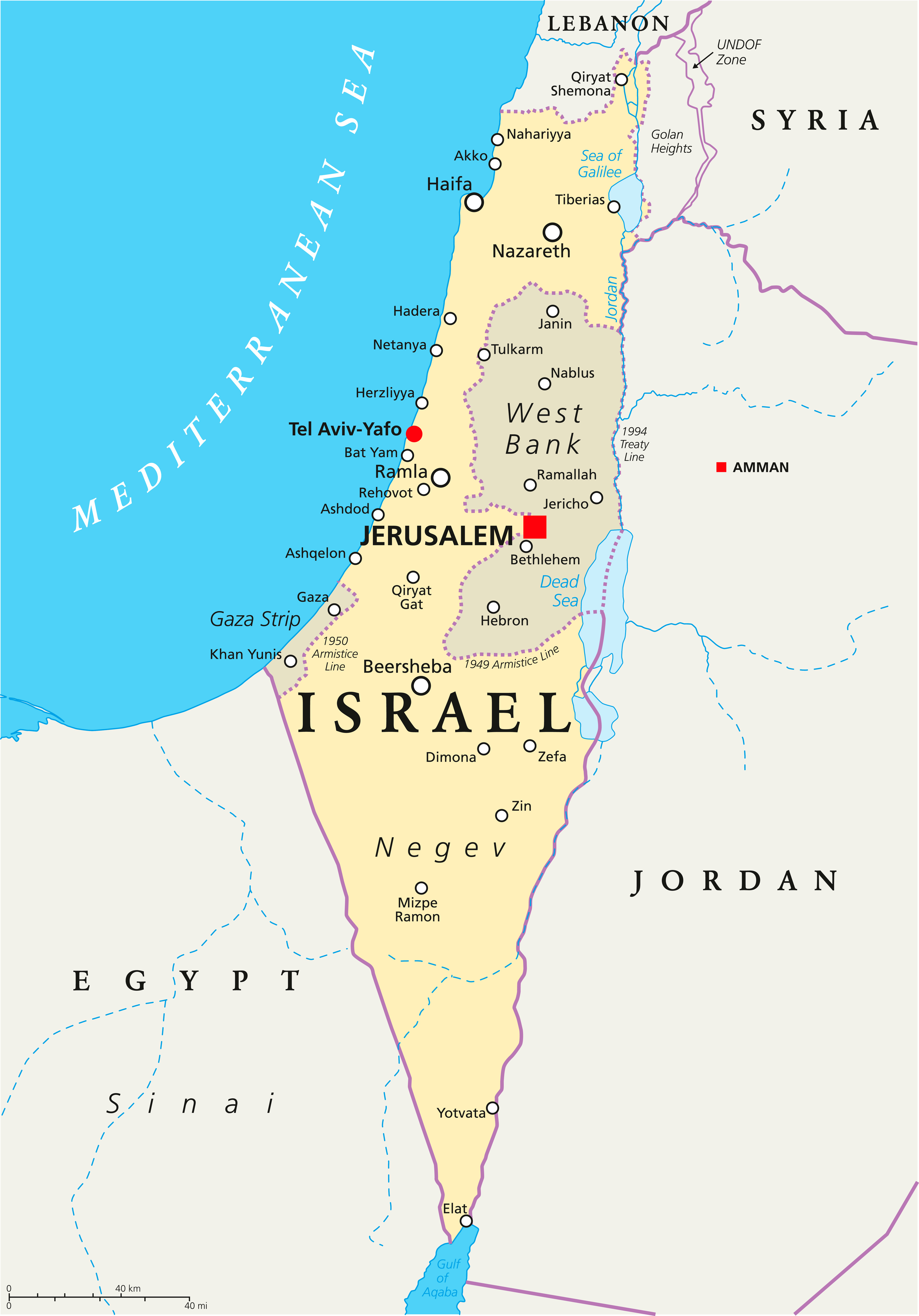 Map of Israel showing the Mediterranean and its borders with Egypt, Jordan, Syria and Lebanon