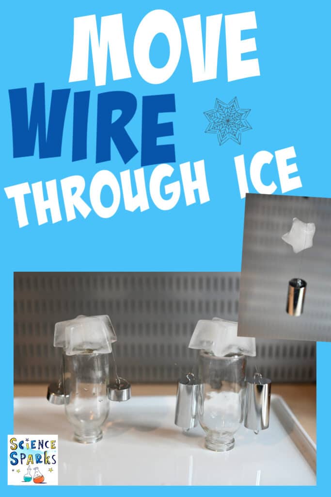 ice cubes with fishing wire and weights hanging over them.